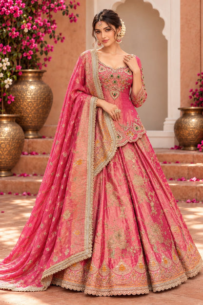 Rani Pink Bridal Lehenga Choli Set with Antique Gold Embroidery and Embellished Dupatta