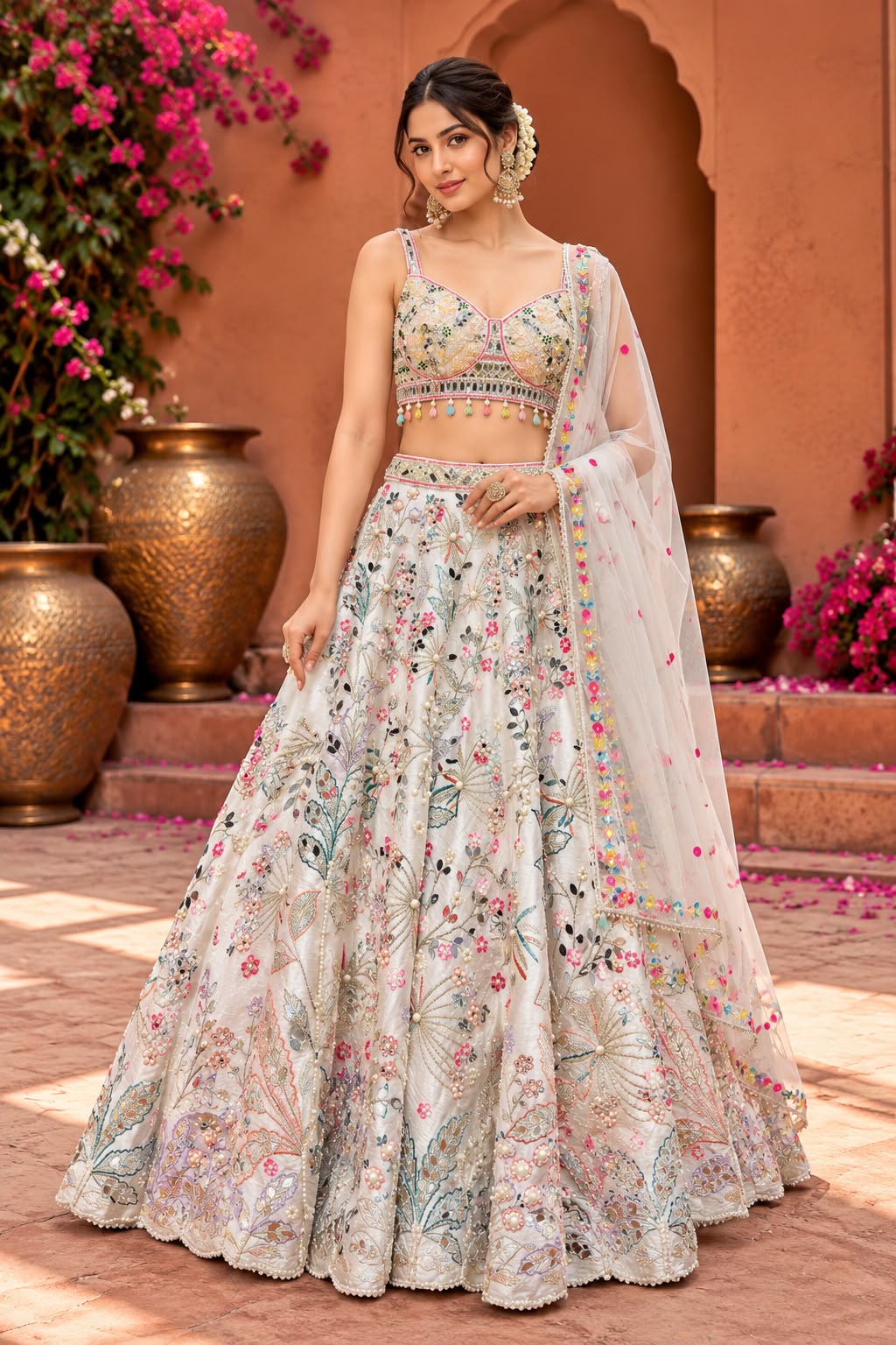 Ivory White Floral Embroidered Bridal Lehenga Choli with Multicolour Embellishments and Sheer Dupatta