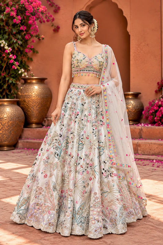 Ivory White Floral Embroidered Bridal Lehenga Choli with Multicolour Embellishments and Sheer Dupatta