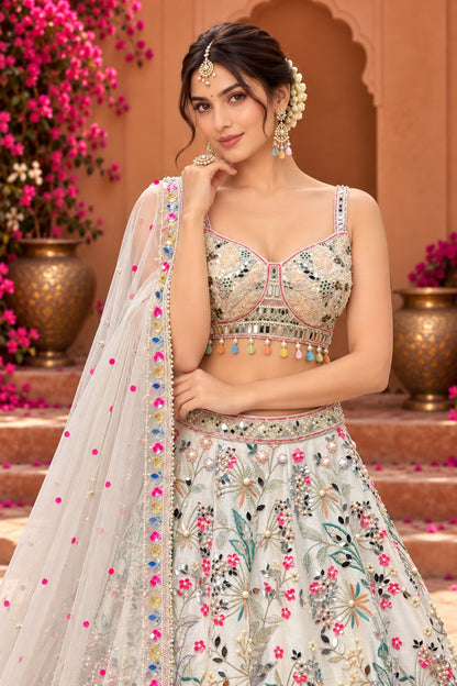 Ivory White Floral Embroidered Bridal Lehenga Choli with Multicolour Embellishments and Sheer Dupatta
