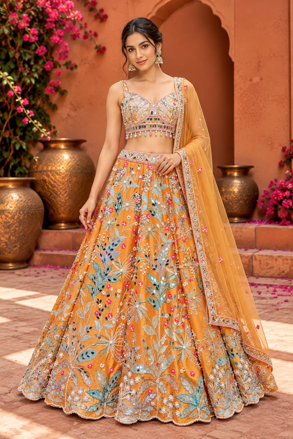 Mustard Orange Floral Embroidered Lehenga Choli with Multicolour Threadwork and Sheer Dupatta