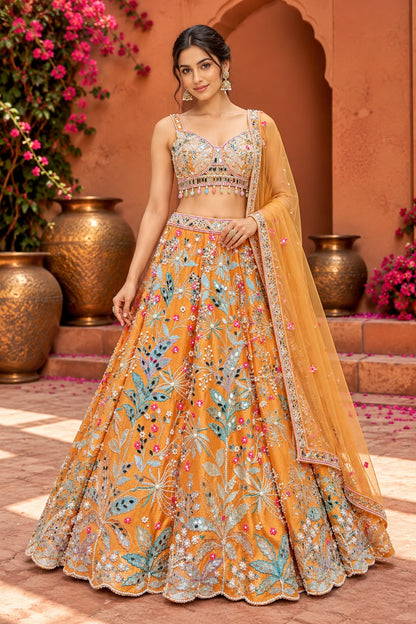 Mustard Orange Floral Embroidered Lehenga Choli with Multicolour Threadwork and Sheer Dupatta