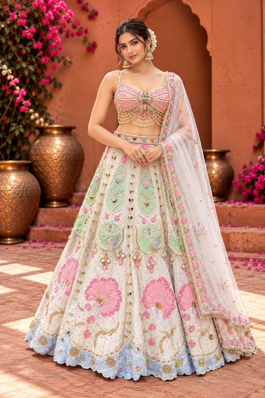 Ivory White Bridal Lehenga Choli with Pink and Mint Green Embroidery, Peacock Motifs and Sheer Dupatta