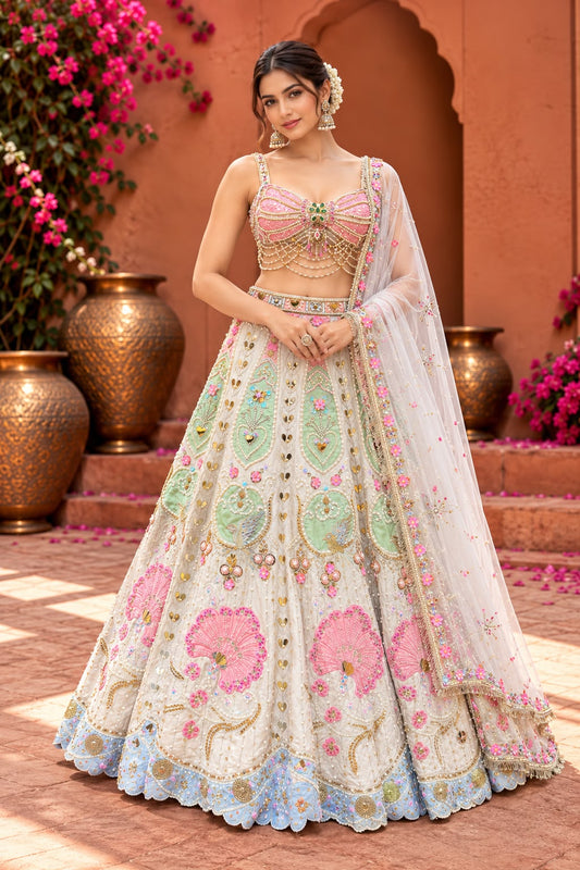 Ivory White Bridal Lehenga Choli with Pink and Mint Green Embroidery, Peacock Motifs and Sheer Dupatta