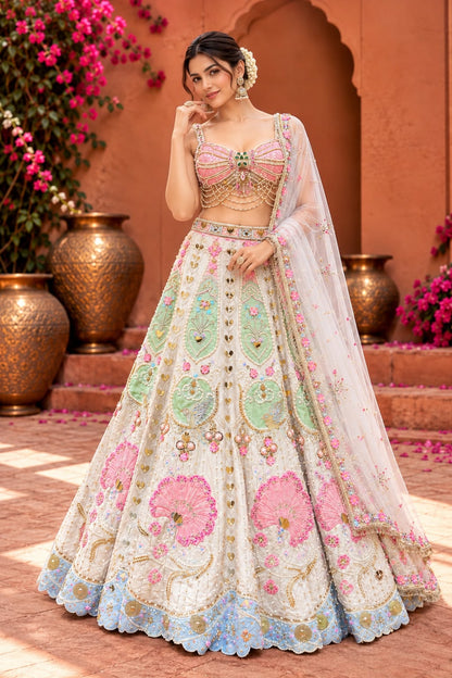 Ivory White Bridal Lehenga Choli with Pink and Mint Green Embroidery, Peacock Motifs and Sheer Dupatta