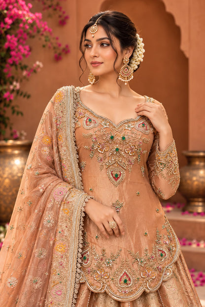 Rose Gold Embroidered Peplum Lehenga Choli Set with Pink and Gold Scalloped Border