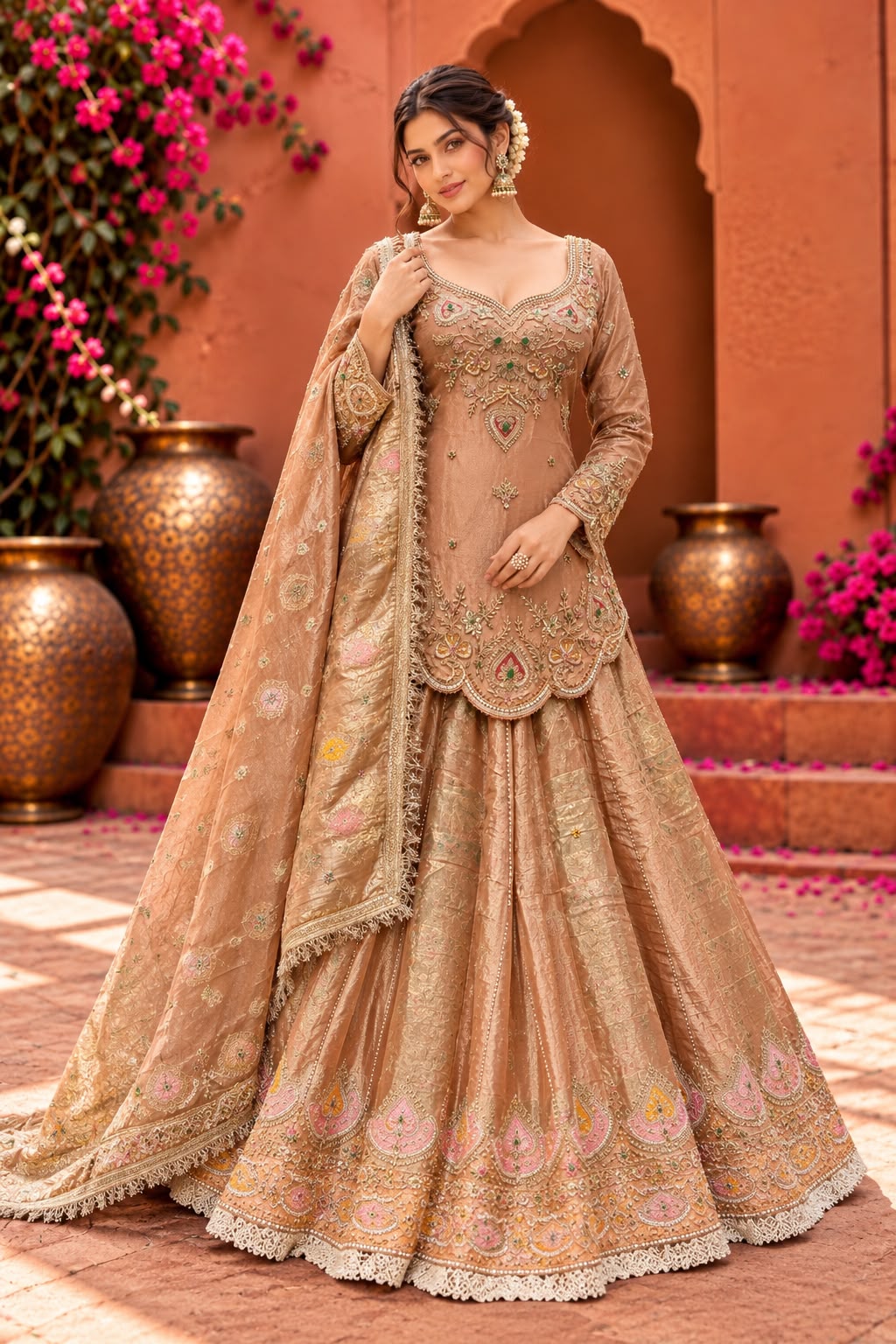 Rose Gold Embroidered Peplum Lehenga Choli Set with Pink and Gold Scalloped Border