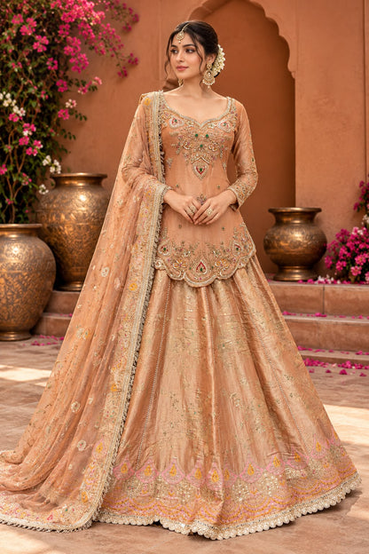Rose Gold Embroidered Peplum Lehenga Choli Set with Pink and Gold Scalloped Border