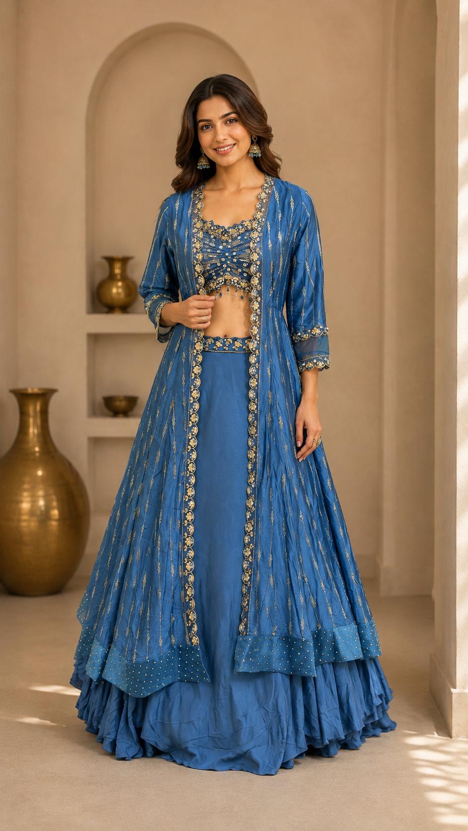 Royal Blue Embroidered Indo-Western Lehenga Set with Long Flared Jacket & Designer Blouse