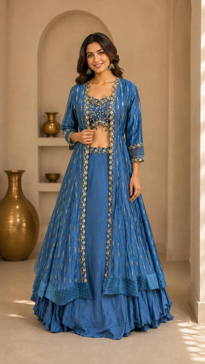 Royal Blue Embroidered Indo-Western Lehenga Set with Long Flared Jacket & Designer Blouse