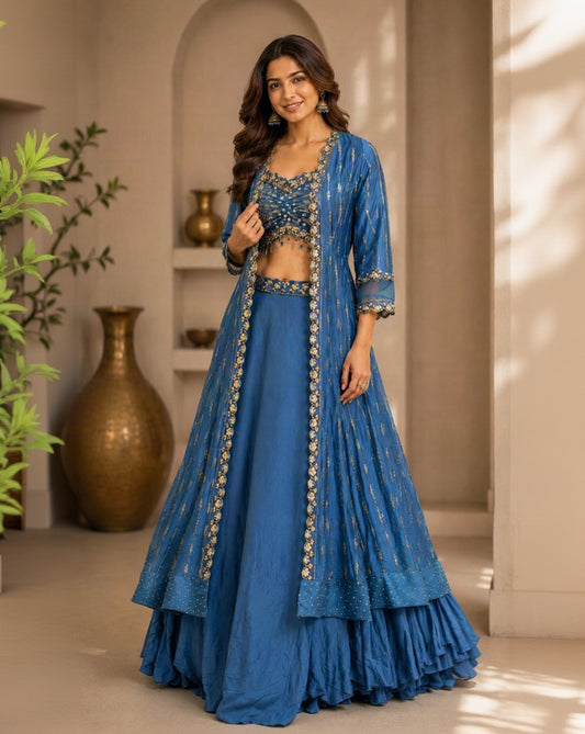 Royal Blue Embroidered Indo-Western Lehenga Set with Long Flared Jacket & Designer Blouse