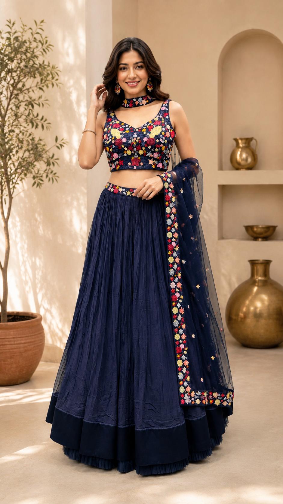 Navy Blue Floral Embroidered Lehenga Choli with Organza Dupatta