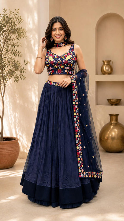 Navy Blue Floral Embroidered Lehenga Choli with Organza Dupatta