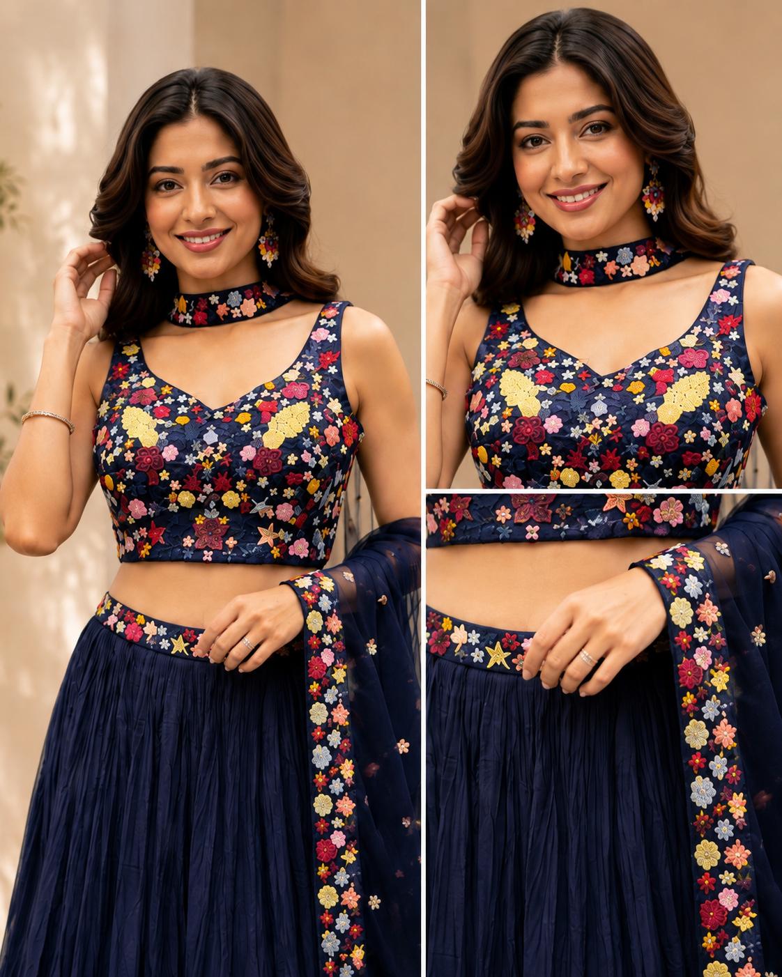 Navy Blue Floral Embroidered Lehenga Choli with Organza Dupatta