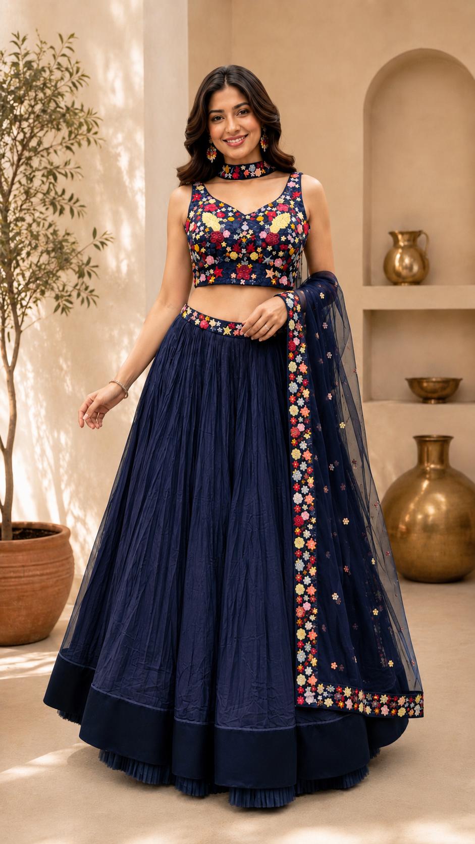 Navy Blue Floral Embroidered Lehenga Choli with Organza Dupatta