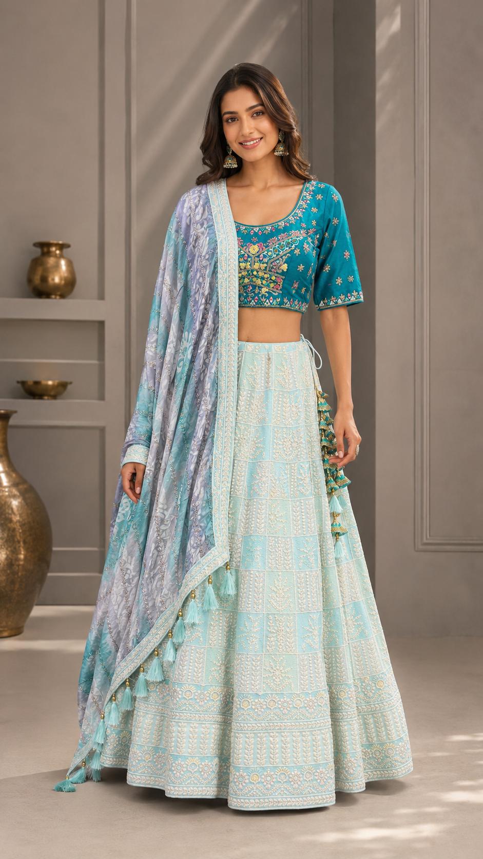 Turquoise Blue & Ice Blue Printed Lehenga Choli Set with Floral Embroidery, Dupatta & Tassel Details | Festive Wear