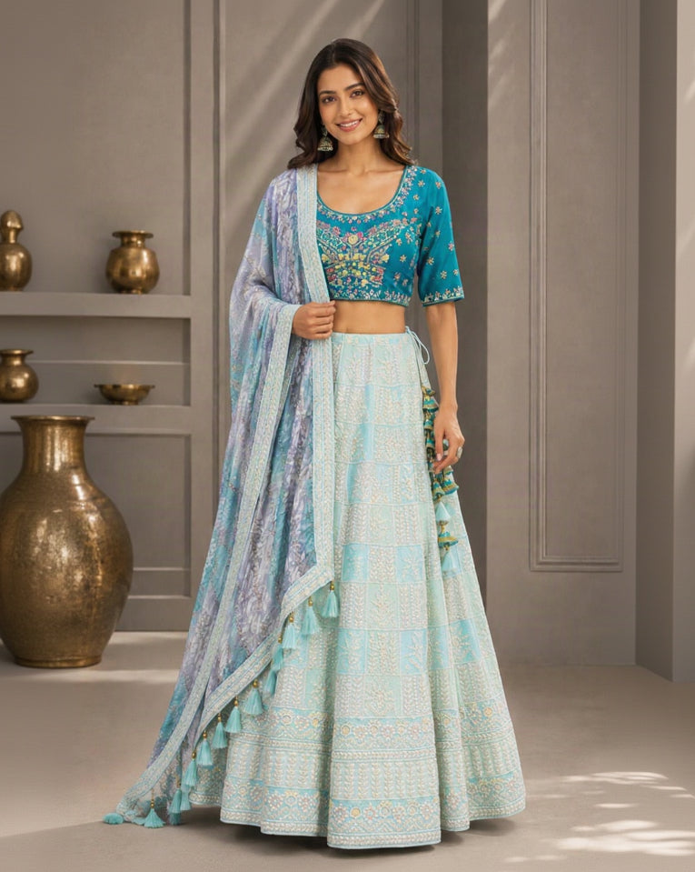 Turquoise Blue & Ice Blue Printed Lehenga Choli Set with Floral Embroidery, Dupatta & Tassel Details | Festive Wear