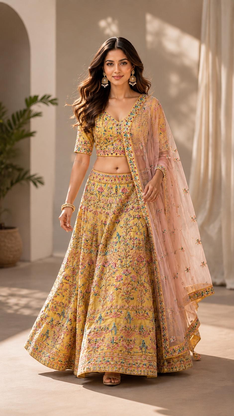 Mustard Yellow Floral Printed Lehenga Choli with Peach Dupatta