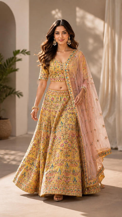 Mustard Yellow Floral Printed Lehenga Choli with Peach Dupatta