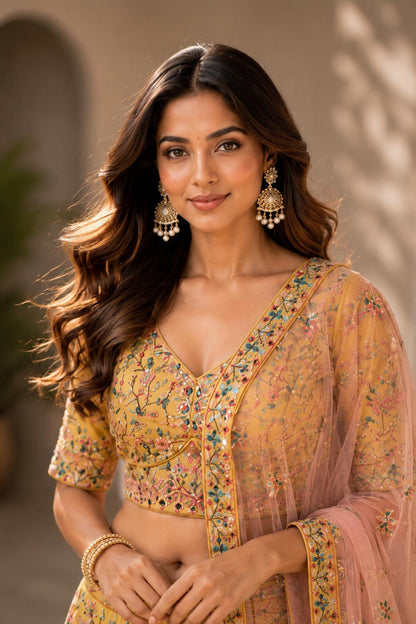 Mustard Yellow Floral Printed Lehenga Choli with Peach Dupatta