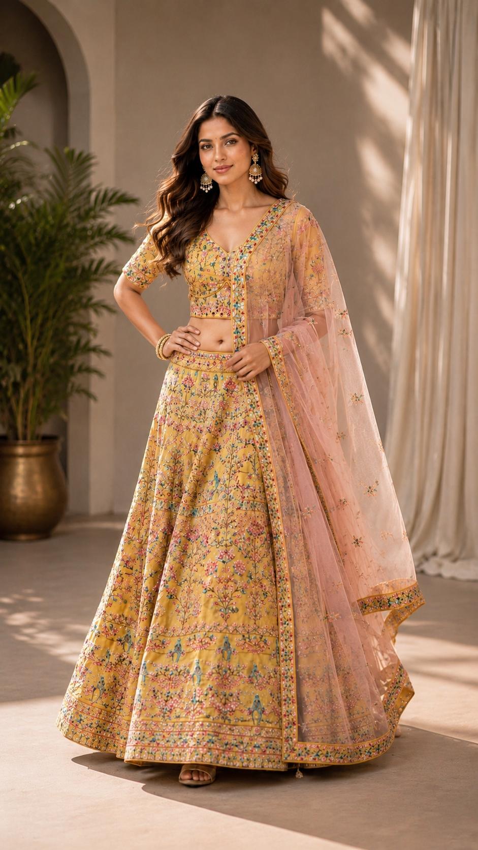 Mustard Yellow Floral Printed Lehenga Choli with Peach Dupatta