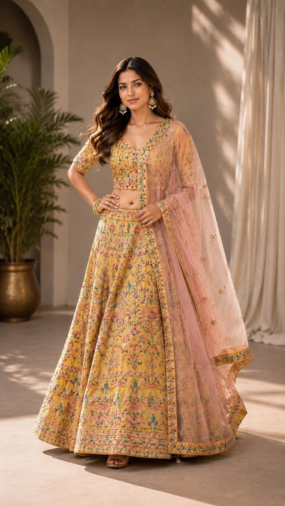 Mustard Yellow Floral Printed Lehenga Choli with Peach Dupatta
