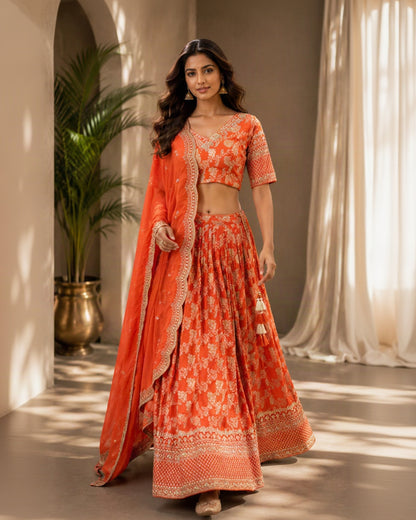 Coral Orange Printed Lehenga Choli Set with Floral Motifs, Embroidered Borders & Tassel Dupatta | Festive Wear