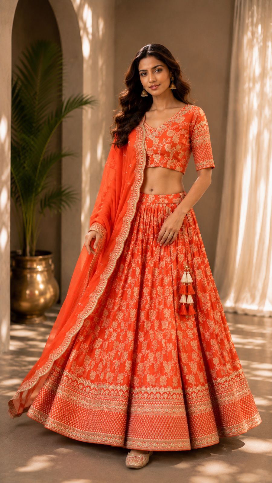 Coral Orange Printed Lehenga Choli Set with Floral Motifs, Embroidered Borders & Tassel Dupatta | Festive Wear