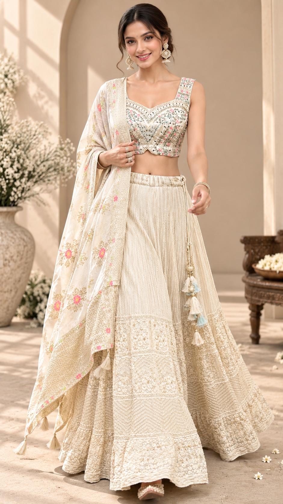 Ivory White Embroidered Lehenga Choli Set with Pastel Floral Dupatta, Intricate Threadwork & Tassel Details | Festive Wedding Wear