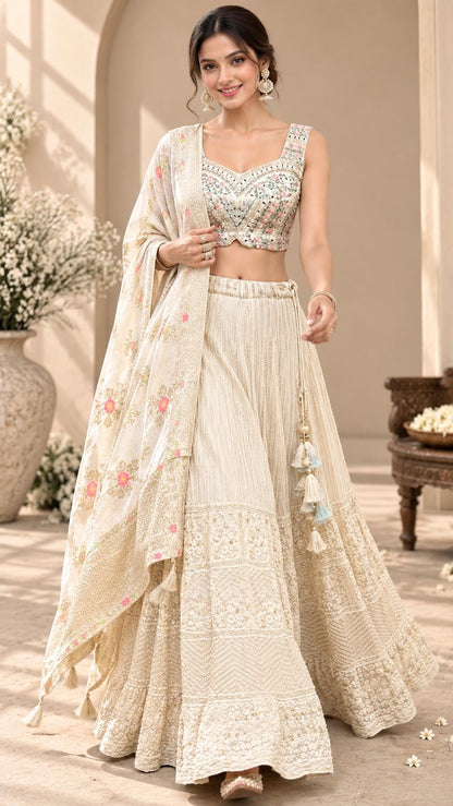 Ivory White Embroidered Lehenga Choli Set with Pastel Floral Dupatta, Intricate Threadwork & Tassel Details | Festive Wedding Wear