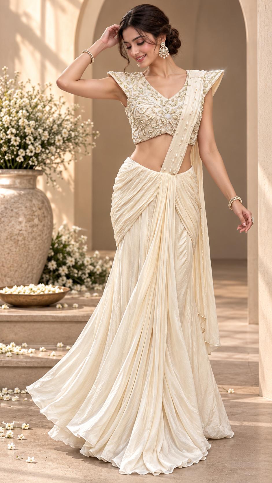 Ivory White Pre-Draped Saree Set with Pearl Embellished Blouse, Draped Skirt & Elegant Pallu | Designer Festive Wear