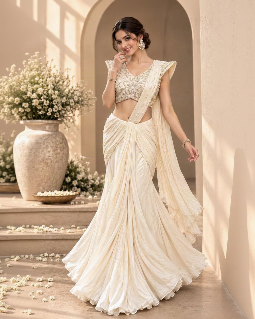 Ivory White Pre-Draped Saree Set with Pearl Embellished Blouse, Draped Skirt & Elegant Pallu | Designer Festive Wear