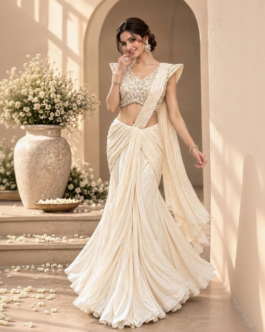 Ivory White Pre-Draped Saree Set with Pearl Embellished Blouse, Draped Skirt & Elegant Pallu | Designer Festive Wear