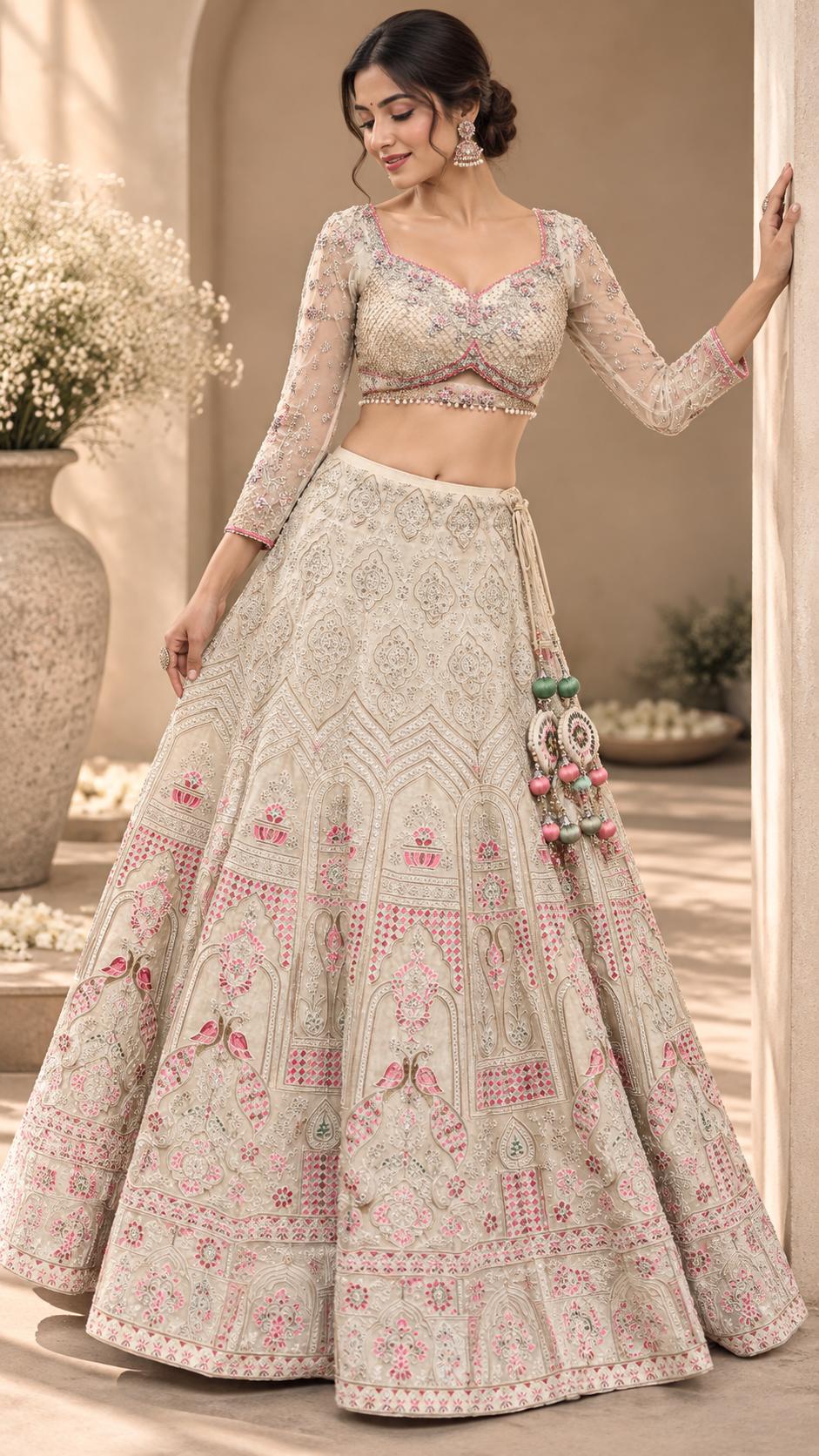 Ivory Cream Embroidered Lehenga Choli Set with Pink Floral Motifs, Sheer Embellished Blouse & Statement Tassels | Wedding Wear