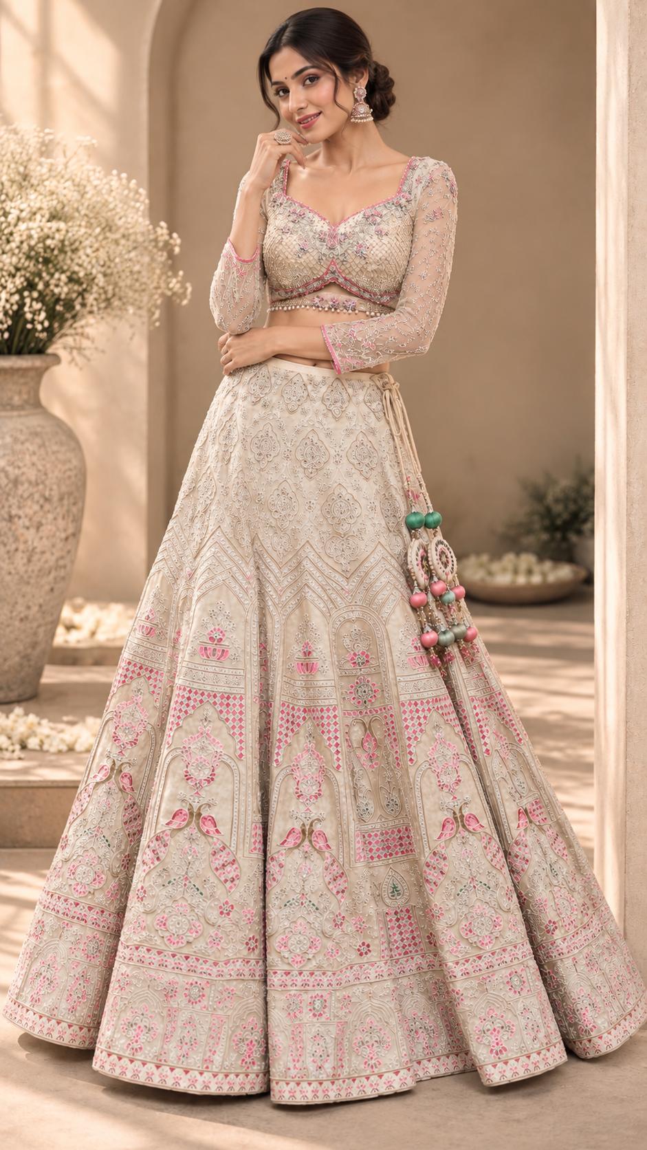 Ivory Cream Embroidered Lehenga Choli Set with Pink Floral Motifs, Sheer Embellished Blouse & Statement Tassels | Wedding Wear