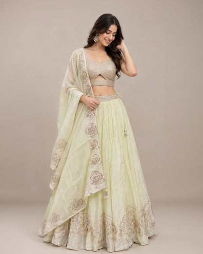 Pastel Lime Green Lehenga Choli Set with Sequin Embellished Blouse, Floral Dupatta & Printed Border | Festive Wedding Wear