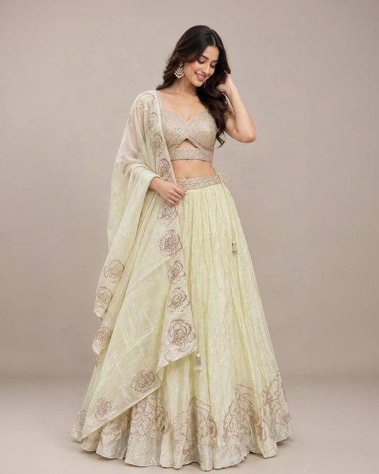 Pastel Lime Green Lehenga Choli Set with Sequin Embellished Blouse, Floral Dupatta & Printed Border | Festive Wedding Wear