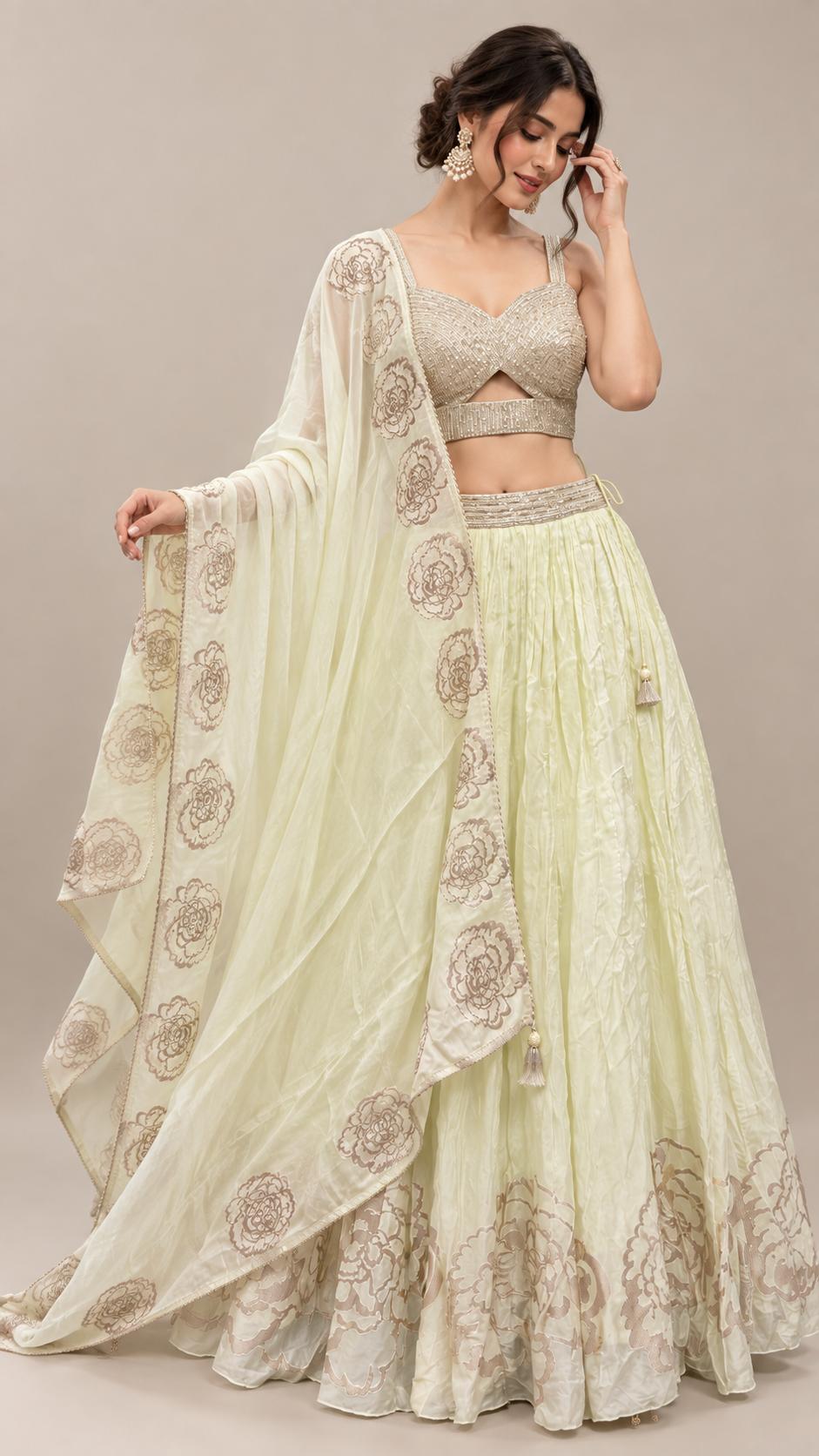 Pastel Lime Green Lehenga Choli Set with Sequin Embellished Blouse, Floral Dupatta & Printed Border | Festive Wedding Wear