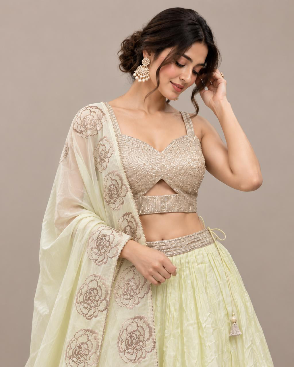 Pastel Lime Green Lehenga Choli Set with Sequin Embellished Blouse, Floral Dupatta & Printed Border | Festive Wedding Wear
