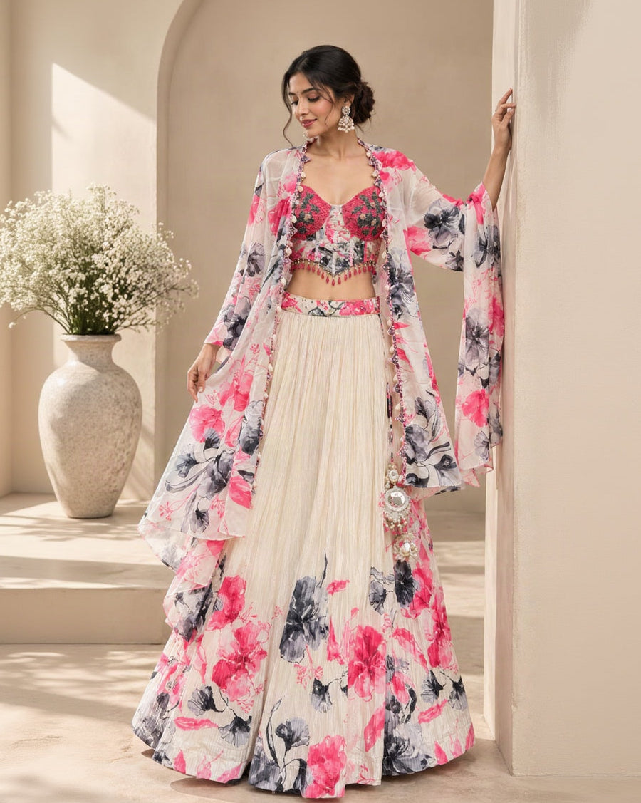 Ivory Floral Printed Lehenga Choli Set with Pink & Black Flowers, Embellished Crop Top, Shrug & Tassel Details | Festive Wear