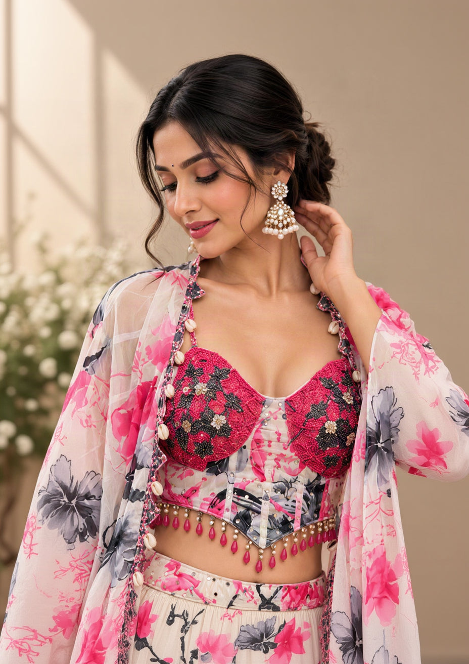 Ivory Floral Printed Lehenga Choli Set with Pink & Black Flowers, Embellished Crop Top, Shrug & Tassel Details | Festive Wear