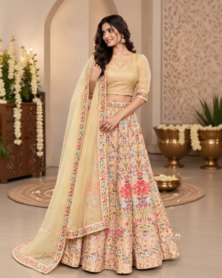 Peach Beige Floral Printed Lehenga Choli Set with Embroidered Blouse, Sheer Dupatta & Multicolour Floral Border | Festive Wear