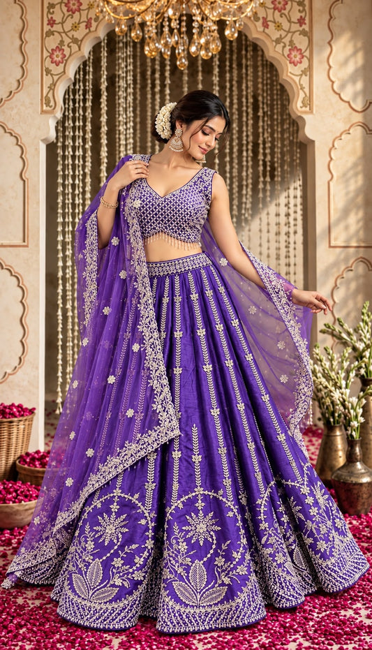 Royal Purple Designer Lehenga Choli with Intricate Embroidery & Floral Border | Festive Wedding Wear