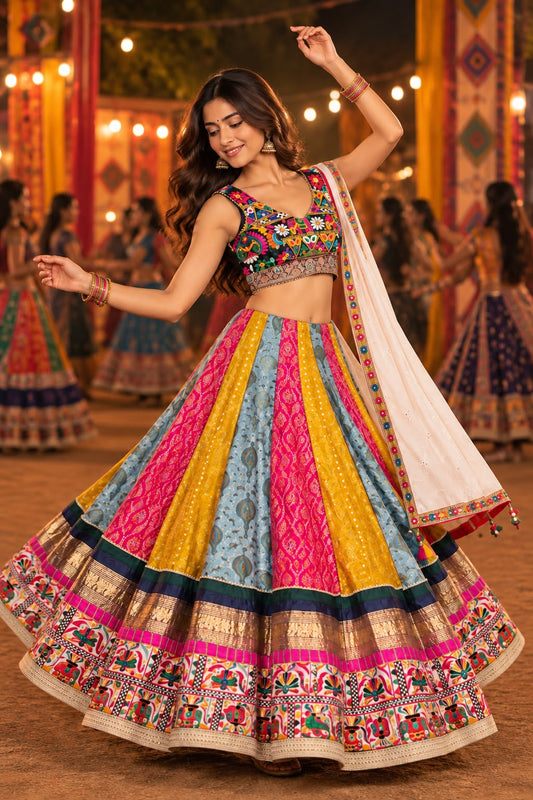 Multicolour Printed Chaniya Choli with Floral Embroidery and Ivory Dupatta