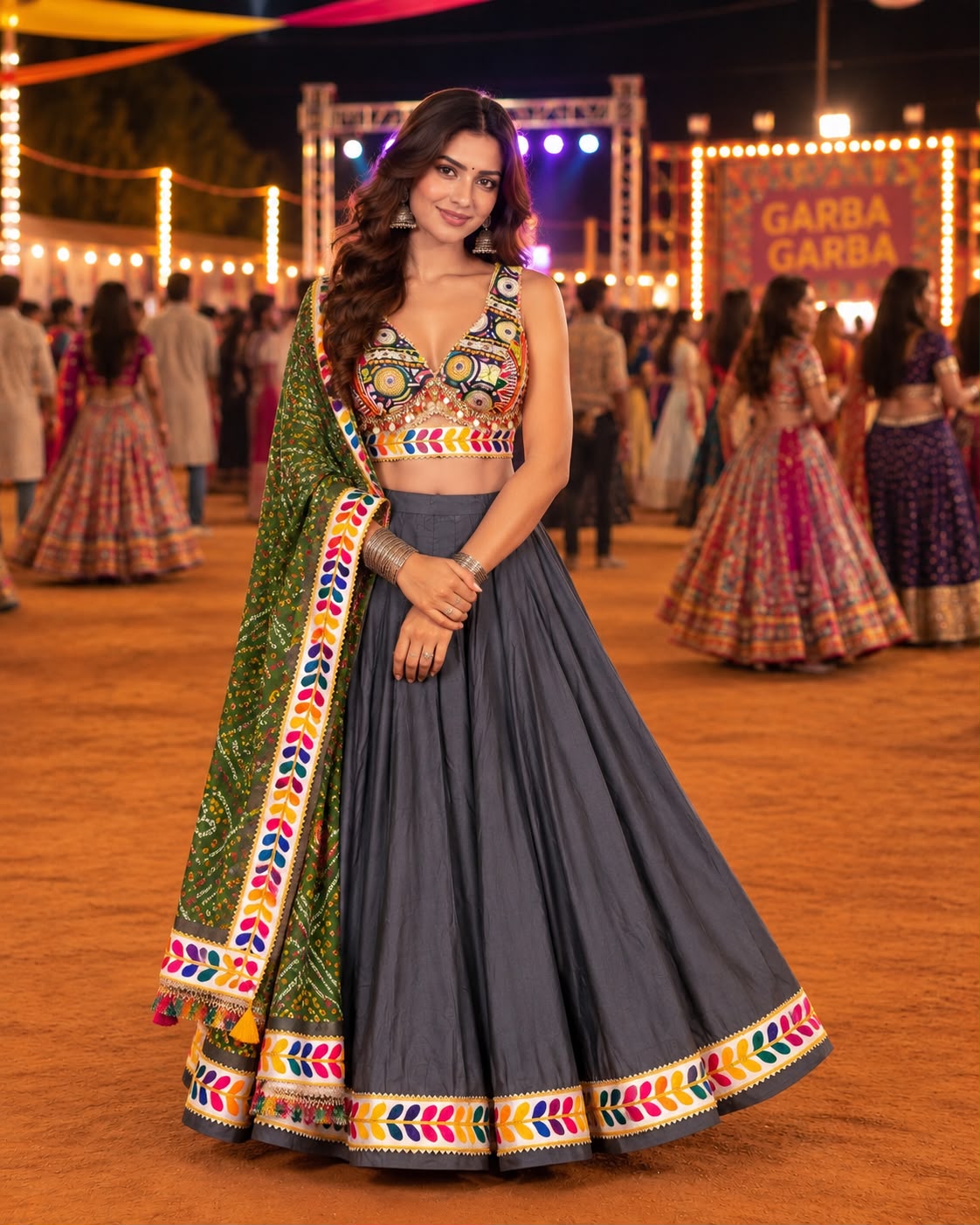 Charcoal Grey Printed Chaniya Choli with Multicolour Border and Green Dupatta