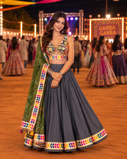 Charcoal Grey Printed Chaniya Choli with Multicolour Border and Green Dupatta