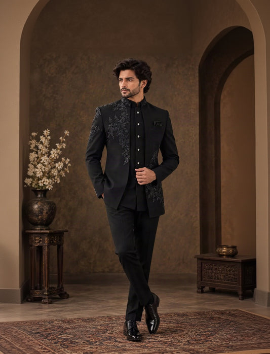 Black Embroidered Indo Western Sherwani Bandhgala Jacket with Tonal Floral Work