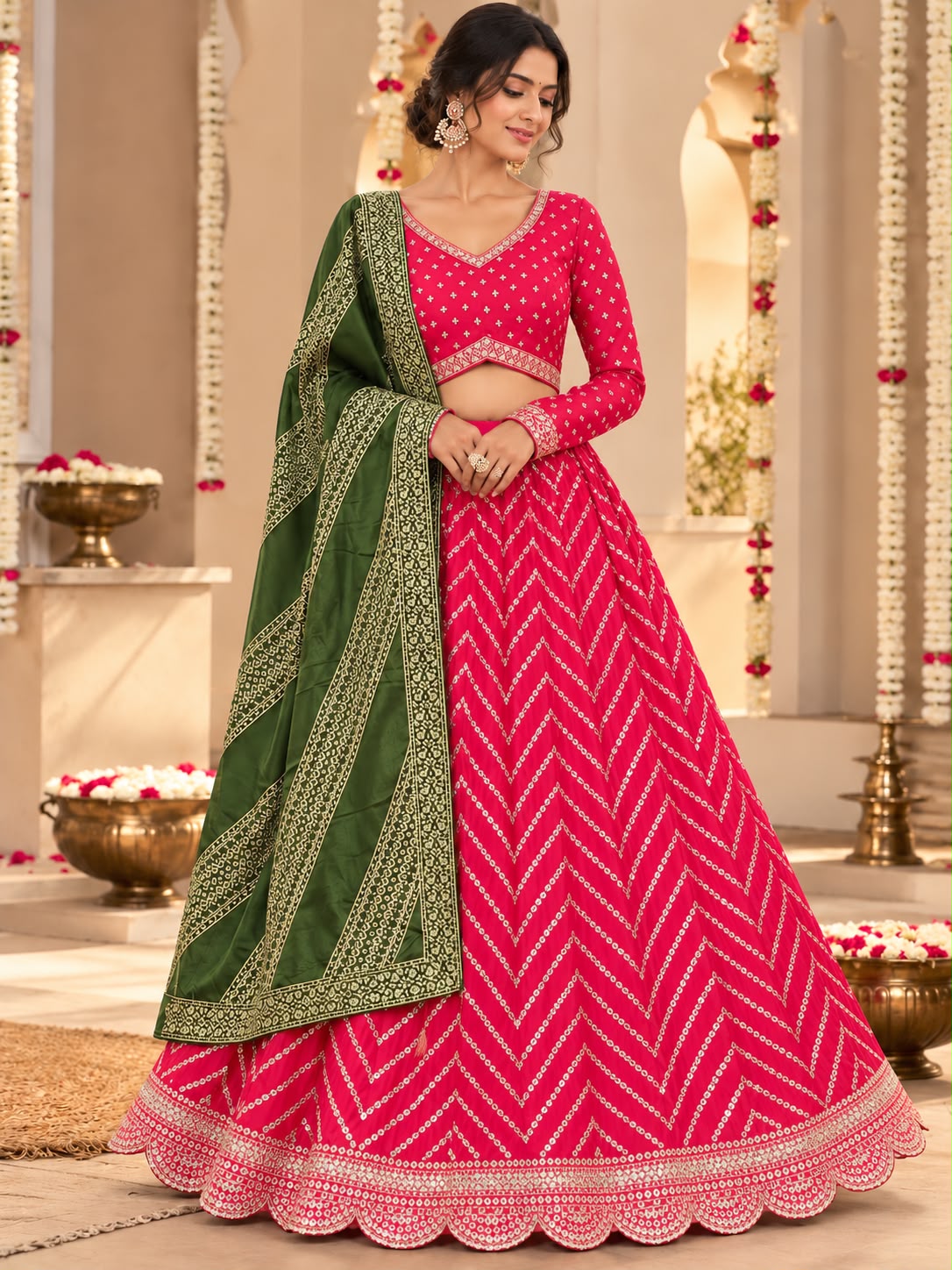 Rani Pink & Olive Green Designer Lehenga Choli Set with Chevron Sequin Work, Printed Dupatta & Intricate Border | Festive & Wedding Wear