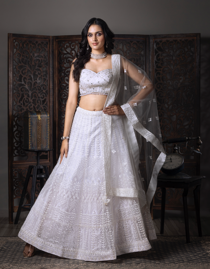 White Embroidered Net Lehenga Choli