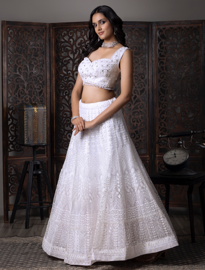 White Embroidered Net Lehenga Choli